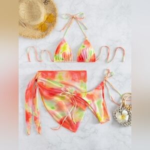 NWOT Pink, Yellow, Green Tie Dye Sexy Triangle Bikini w Waist Wrap - Size L
